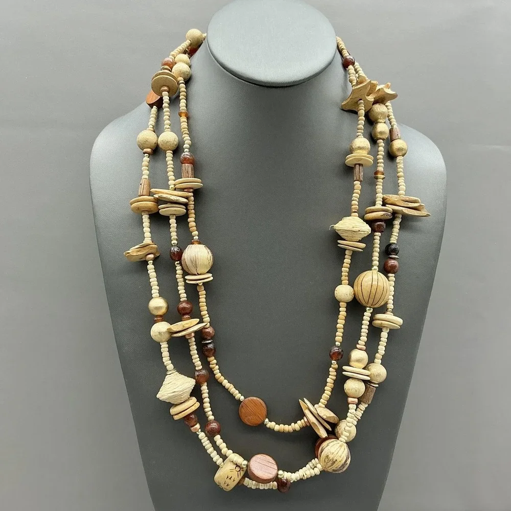 Necklace Beige Wood Beaded Layered Boho Statement Long Fashion Jewelry Womens